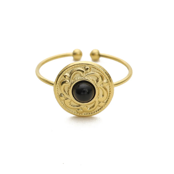 Wholesale Jewelry French Style Geometric Round 304 Stainless Steel Natural Stone 18K Gold Plated Inlay Open Rings