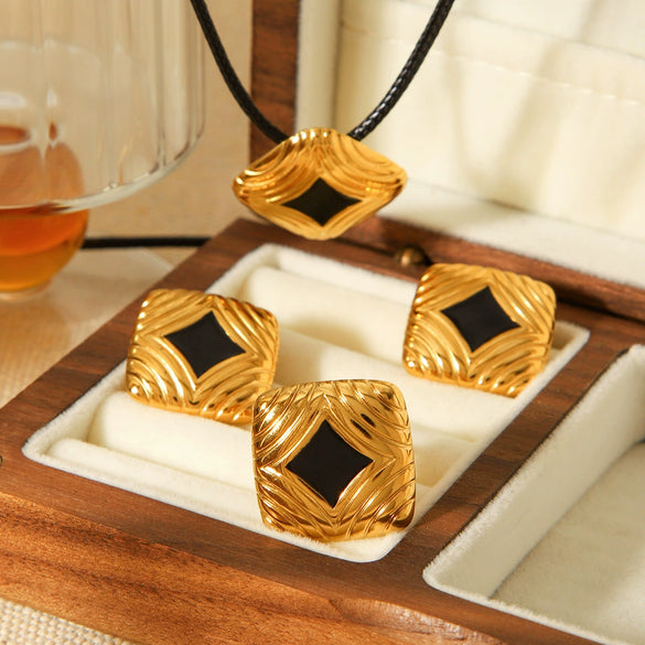 Stainless Steel Titanium Steel Jewelry Set Geometric Dripping Oil Threaded Ring Earrings And Non Fading Necklace