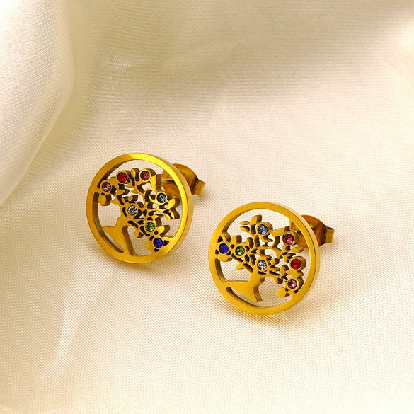 Stainless Steel Tree Of Life Necklace And Earrings Set With Rhinestone Inlay Electroplated Fashion Jewelry For Women