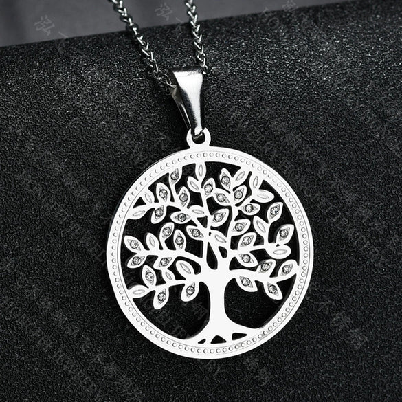 Stainless Steel Tree Of Life Necklace With Microencrusted Zircon Pendant And Ochain Electroplated Geometric Style