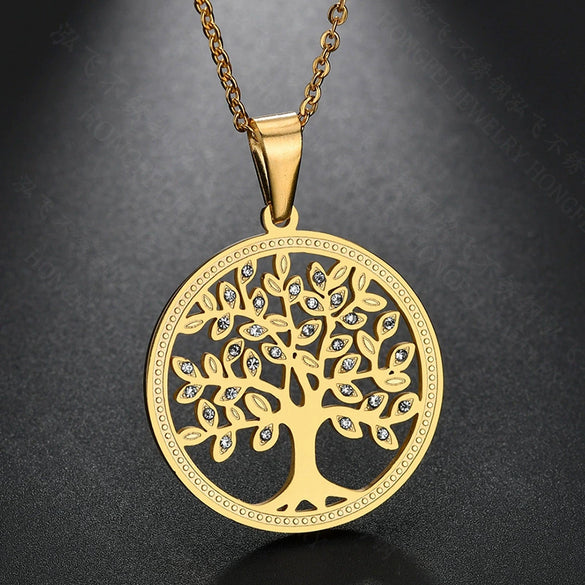 Stainless Steel Tree Of Life Necklace With Microencrusted Zircon Pendant And Ochain Electroplated Geometric Style
