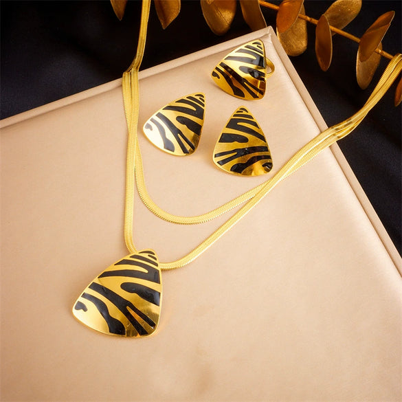 Stainless Steel Triangular Geometric Retro Fashion Jewelry Threepiece Set With Electroplating Earrings Ring Necklace