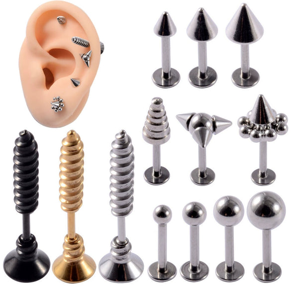 Stainless Steel Triangular Welding Punk Piercing Earrings With Tapered Outer Teeth And Steel Ball