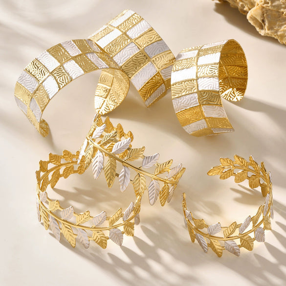 316L Stainless Steel Twotone Leaf Open Bracelet Plated With Real Gold Geometric Style