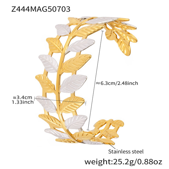 316L Stainless Steel Twotone Leaf Open Bracelet Plated With Real Gold Geometric Style