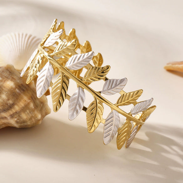 316L Stainless Steel Twotone Leaf Open Bracelet Plated With Real Gold Geometric Style