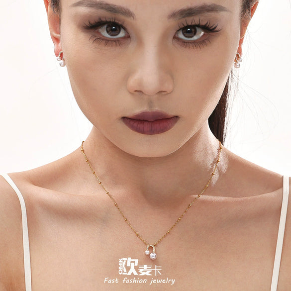 Stainless Steel Ushaped Bead Zircon Earrings And Necklace Electroplated Light Luxury Fashion For Women