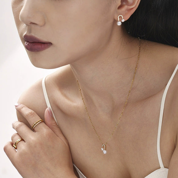 Stainless Steel Ushaped Bead Zircon Earrings And Necklace Electroplated Light Luxury Fashion For Women