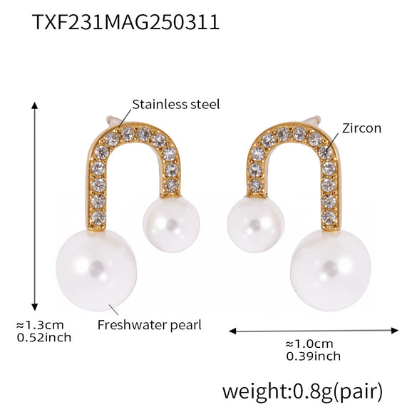 Stainless Steel Ushaped Bead Zircon Earrings And Necklace Electroplated Light Luxury Fashion For Women