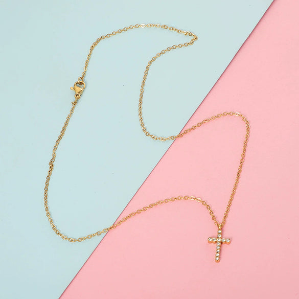 Stainless Steel Ushaped Diamond Cross Pendant Necklace Electroplated Unisex O Word Chain