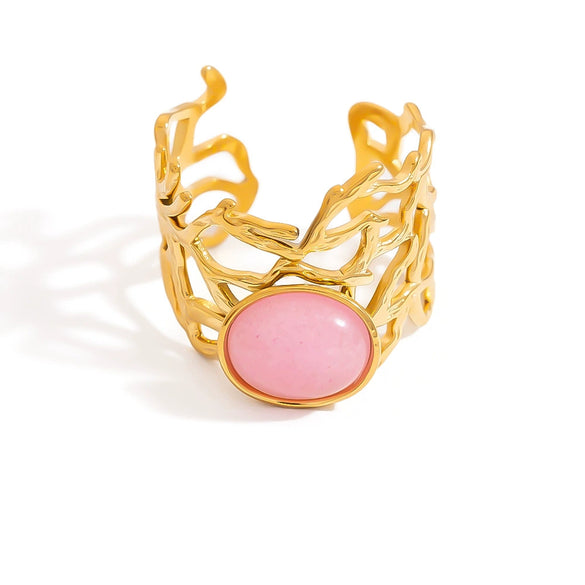 Stainless Steel Ushaped Natural Stone Opening Adjustable Ring With Coral Branch Design And Electroplating