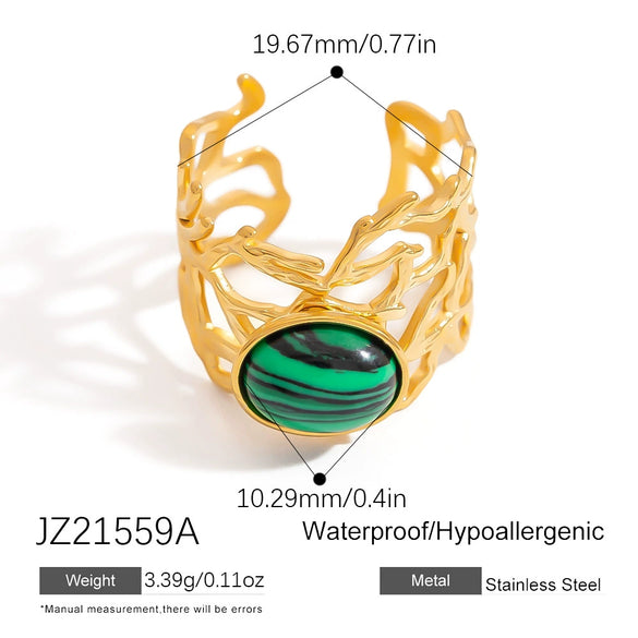 Stainless Steel Ushaped Natural Stone Opening Adjustable Ring With Coral Branch Design And Electroplating
