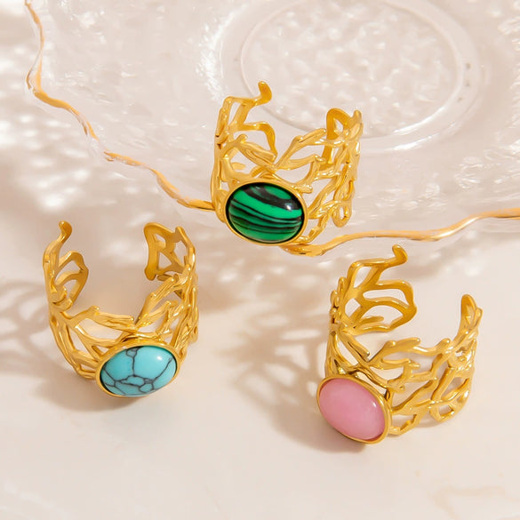 Stainless Steel Ushaped Natural Stone Opening Adjustable Ring With Coral Branch Design And Electroplating