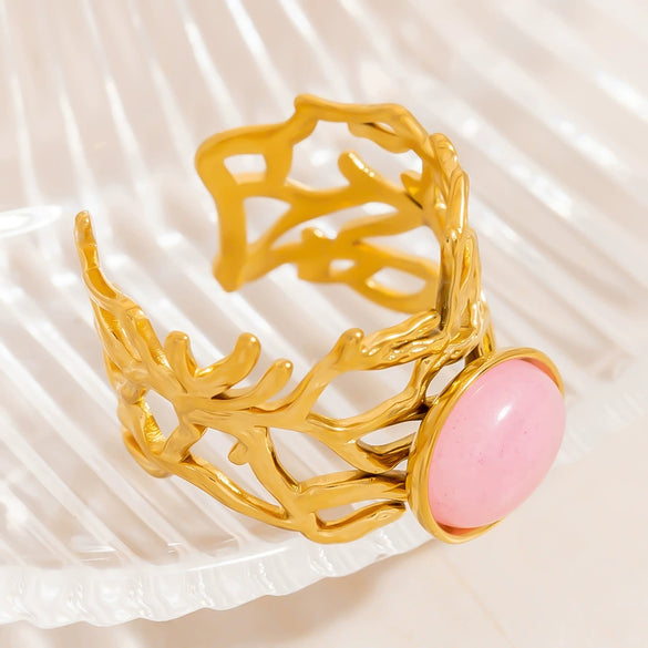 Stainless Steel Ushaped Natural Stone Opening Adjustable Ring With Coral Branch Design And Electroplating
