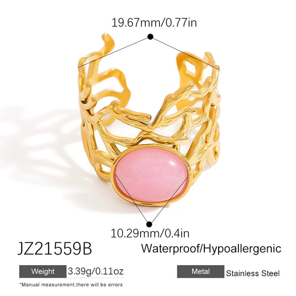 Stainless Steel Ushaped Natural Stone Opening Adjustable Ring With Coral Branch Design And Electroplating