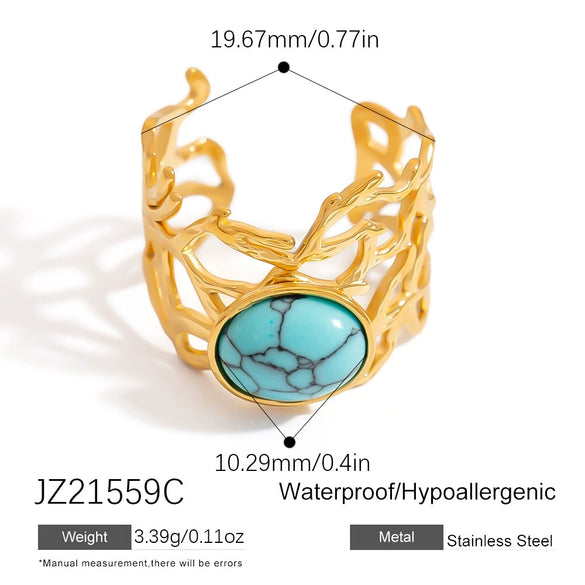 Stainless Steel Ushaped Natural Stone Opening Adjustable Ring With Coral Branch Design And Electroplating