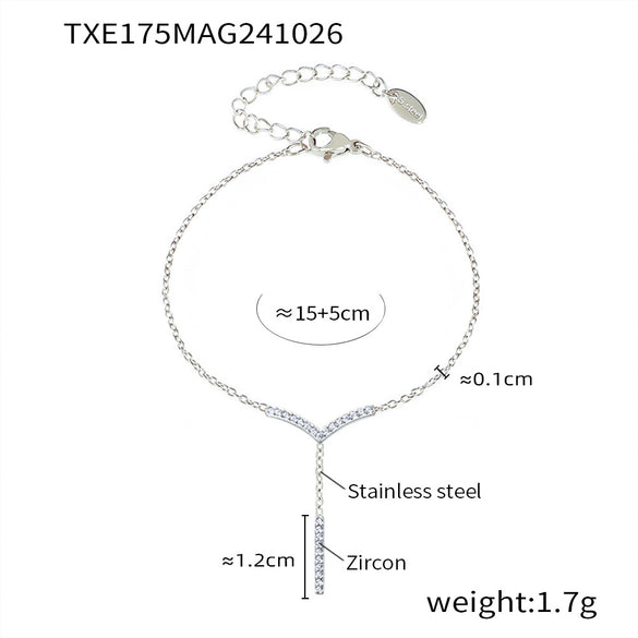 Stainless Steel V Shaped Tassel Long Strip Inlaid Zircon Electroplated Clavicle Necklace And Bracelet Set For Women