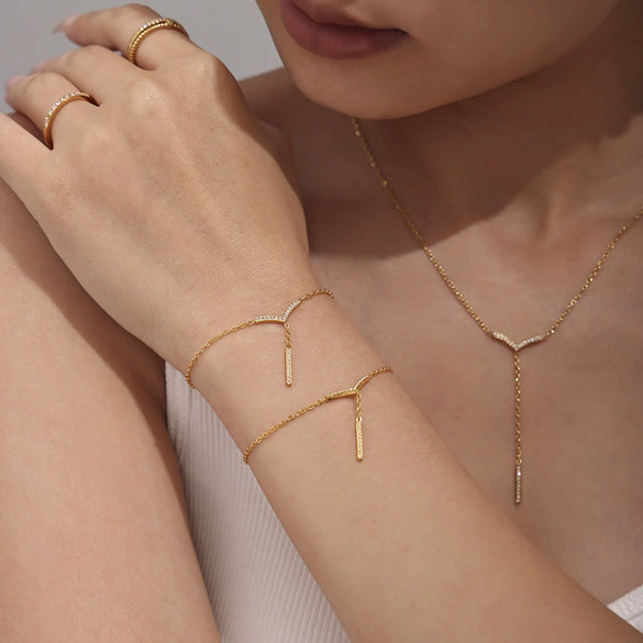 Stainless Steel V Shaped Tassel Long Strip Inlaid Zircon Electroplated Clavicle Necklace And Bracelet Set For Women
