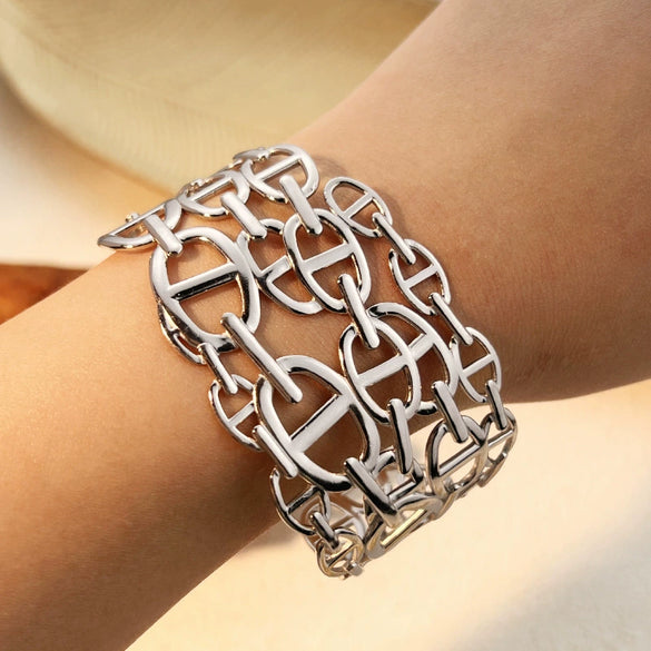 Stainless Steel Vintage Geometric Open Hydraulic Pig Nose Hollow Adjustable Nonfading Electroplated Bracelet