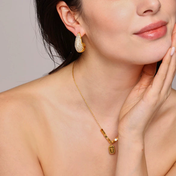 316L Stainless Steel Water Drop And Square Geometric Carving Electroplated Earrings And Pendant Necklace For Women
