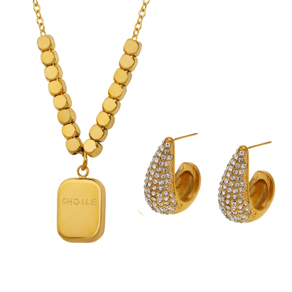 316L Stainless Steel Water Drop And Square Geometric Carving Electroplated Earrings And Pendant Necklace For Women