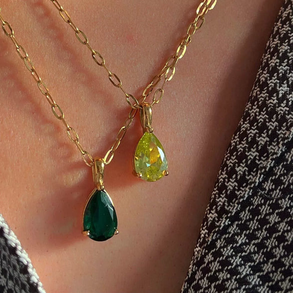 Stainless Steel Water Drop Shaped Zircon Pendant Necklace With 12 Zodiac Flower Electroplating