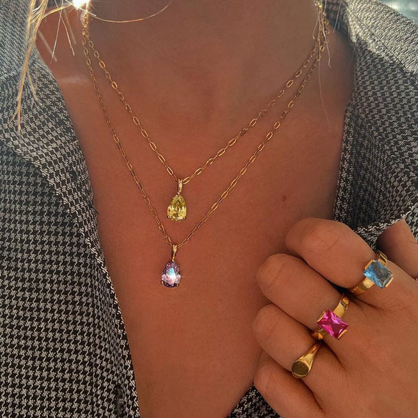 Stainless Steel Water Drop Shaped Zircon Pendant Necklace With 12 Zodiac Flower Electroplating