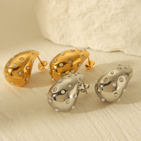 Stainless Steel Water Drop Women's Highend Fashion Personality Electroplated Geometric Diamond Set Pearl Earrings