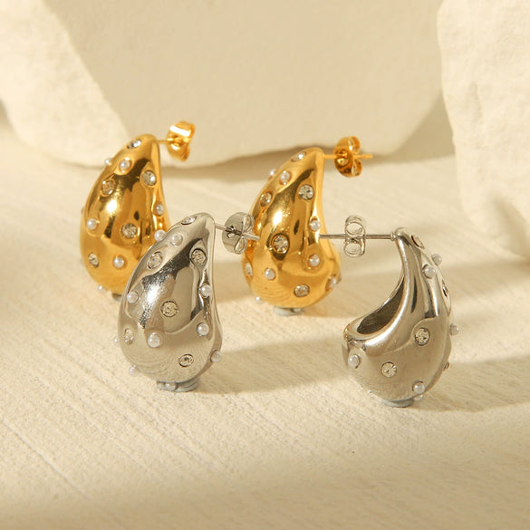 Stainless Steel Water Drop Women's Highend Fashion Personality Electroplated Geometric Diamond Set Pearl Earrings