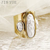 Stainless Steel Wide Face Ring Geometric Pattern Electroplated Real Gold Retro Open Ring Shaped Fritillaria