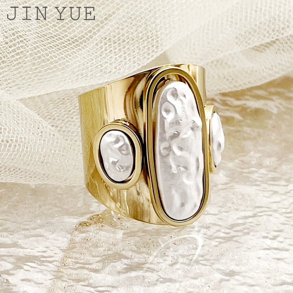 Stainless Steel Wide Face Ring Geometric Pattern Electroplated Real Gold Retro Open Ring Shaped Fritillaria