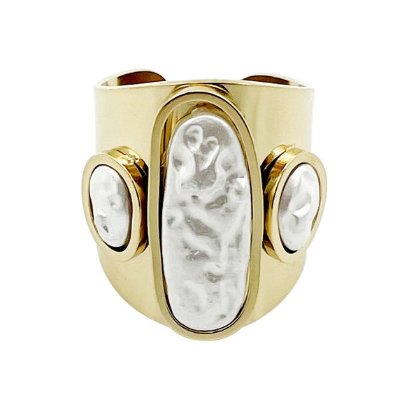 Stainless Steel Wide Face Ring Geometric Pattern Electroplated Real Gold Retro Open Ring Shaped Fritillaria