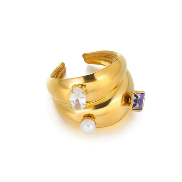 Stainless Steel Wiredrawing Fivepetal Ring With Green Zircon Electroplated Crown And Wave Pattern For Women Light Luxury Retro