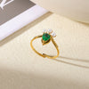 Stainless Steel Wiredrawing Fivepetal Ring With Green Zircon Electroplated Crown And Wave Pattern For Women Light Luxury Retro