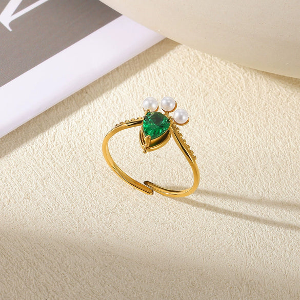 Stainless Steel Wiredrawing Fivepetal Ring With Green Zircon Electroplated Crown And Wave Pattern For Women Light Luxury Retro