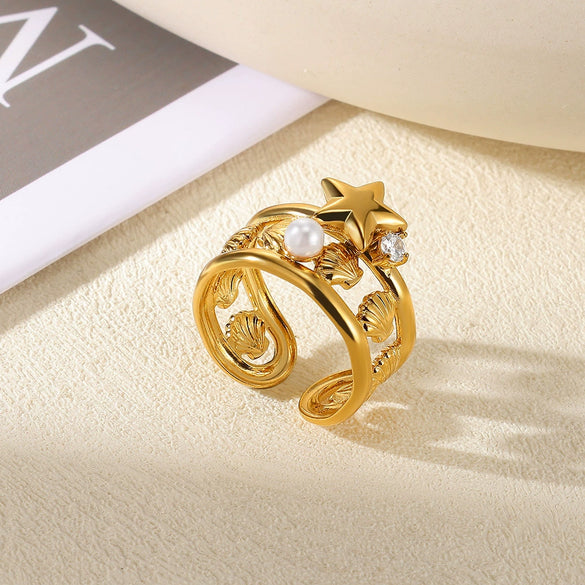 Stainless Steel Wiredrawing Fivepetal Ring With Green Zircon Electroplated Crown And Wave Pattern For Women Light Luxury Retro