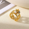 Stainless Steel Wiredrawing Fivepetal Ring With Green Zircon Electroplated Crown And Wave Pattern For Women Light Luxury Retro