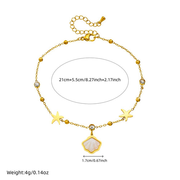 Stainless Steel Women's Anklet With Shell Starfish Pendant And Round Rhinestone Chain In Simple Style