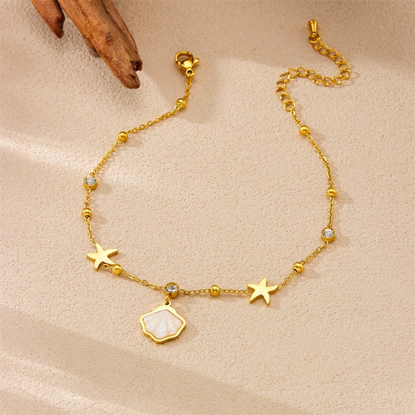 Stainless Steel Women's Anklet With Shell Starfish Pendant And Round Rhinestone Chain In Simple Style