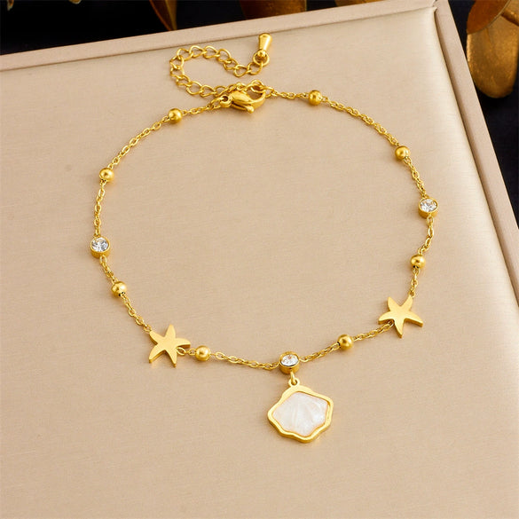 Stainless Steel Women's Anklet With Shell Starfish Pendant And Round Rhinestone Chain In Simple Style