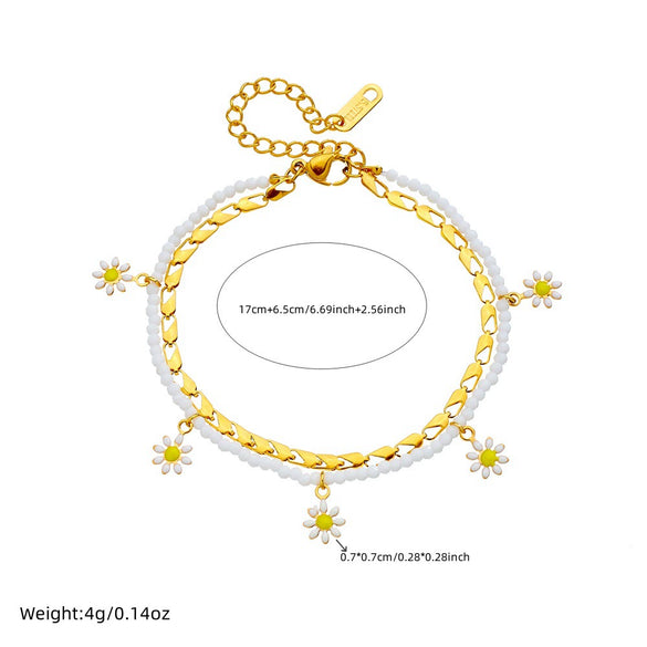 Stainless Steel Women's Anklet With Woven Rice Bead Oil Drop And Flower Pattern