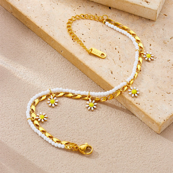 Stainless Steel Women's Anklet With Woven Rice Bead Oil Drop And Flower Pattern