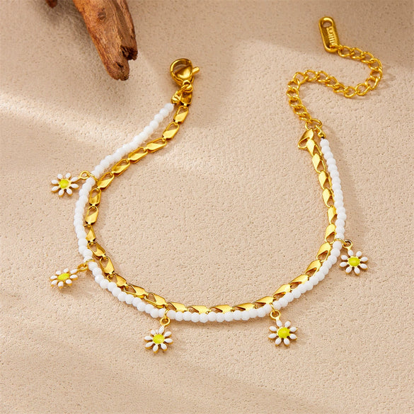 Stainless Steel Women's Anklet With Woven Rice Bead Oil Drop And Flower Pattern