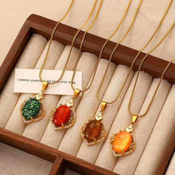 Stainless Steel Women's Baroquestyle Pendant Necklace With Leaf Animal And Zodiac Inlaid Gemstones
