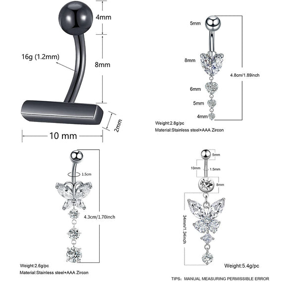 Stainless Steel Women's Body Piercing Jewelry Navel Ring With Heartshaped Butterfly Starshaped Leaves Pendant Alloy Inlaid Artificial And Semiprecious Stones Electroplated