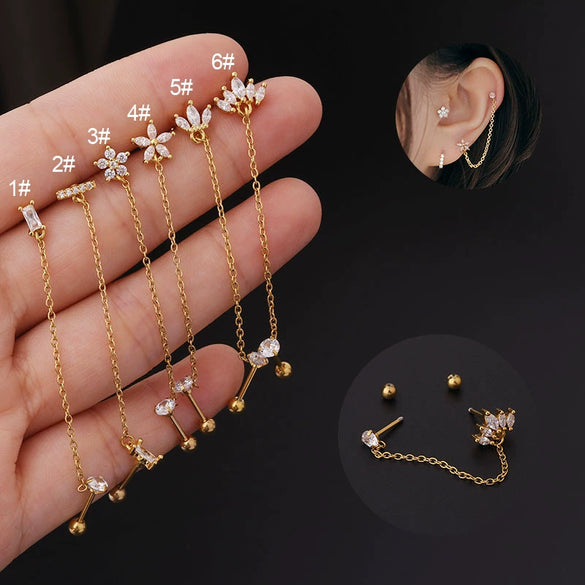 Stainless Steel Women's Double Ear Hole Ear Bone Nail Earrings With Flower Pattern And Electroplating Design