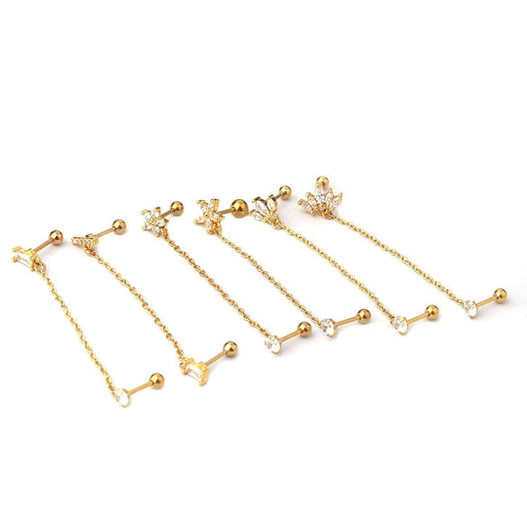 Stainless Steel Women's Double Ear Hole Ear Bone Nail Earrings With Flower Pattern And Electroplating Design