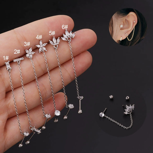 Stainless Steel Women's Double Ear Hole Ear Bone Nail Earrings With Flower Pattern And Electroplating Design