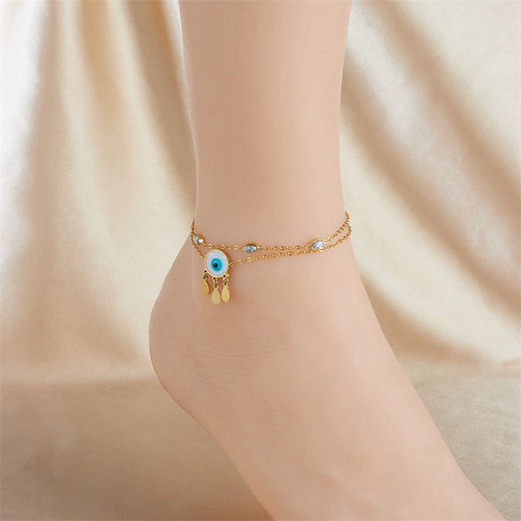 Stainless Steel Women's Double Layer Stacked Small Flower Eyes Water Drop Diamond Tassel Chain Anklet