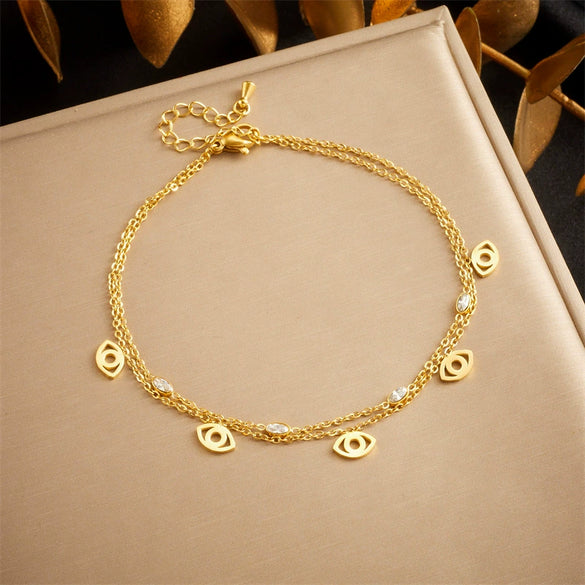 Stainless Steel Women's Double Layer Stacked Small Flower Eyes Water Drop Diamond Tassel Chain Anklet